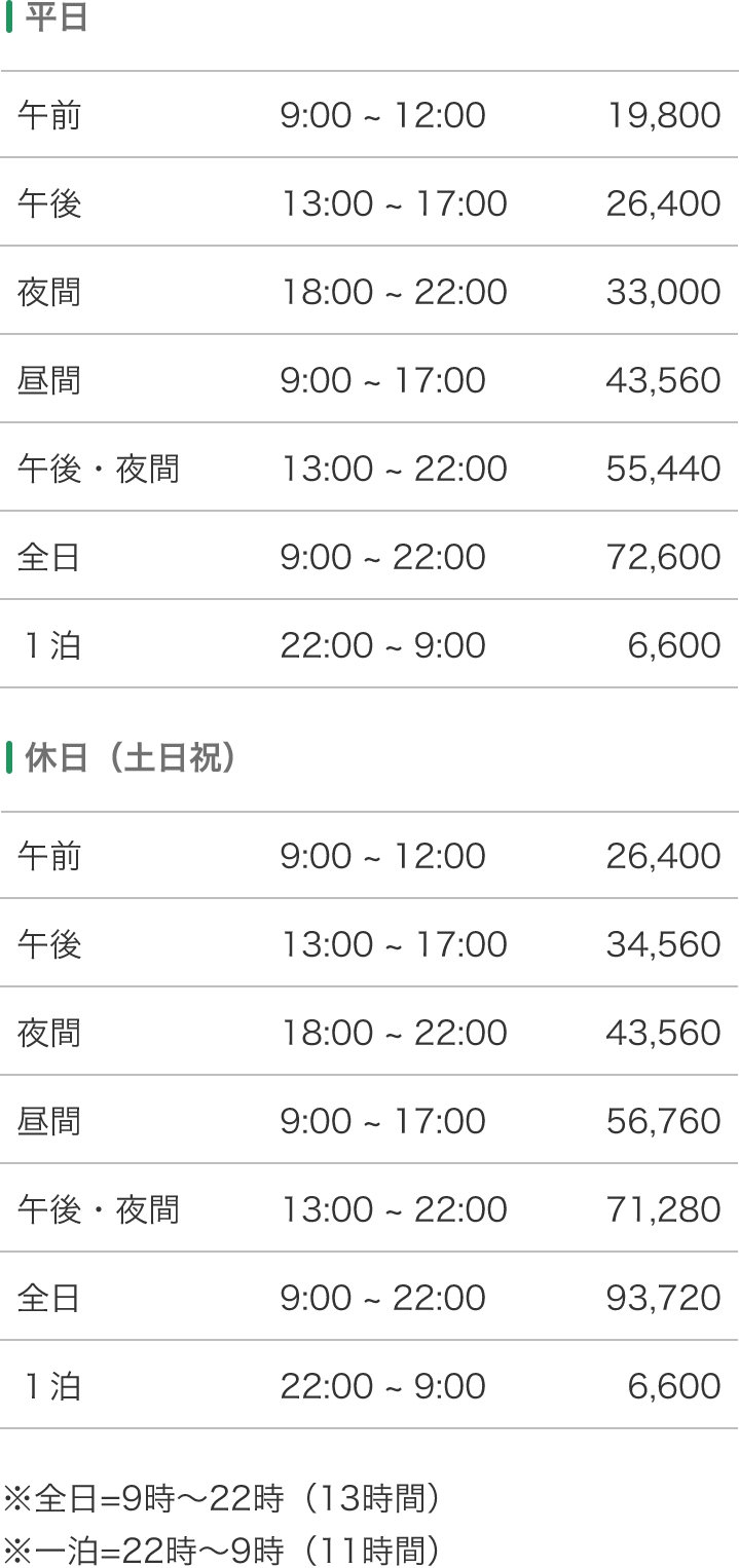 部屋の利用料金表