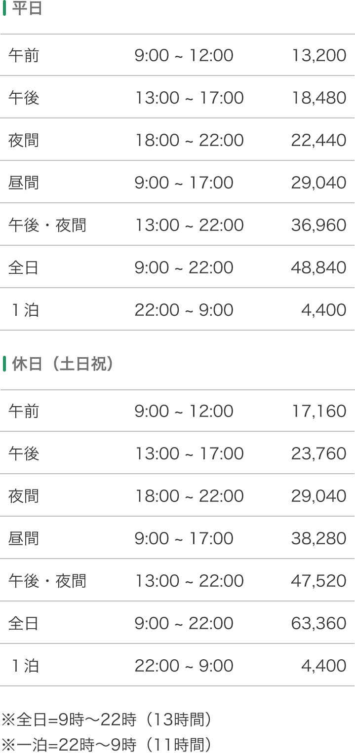 部屋の利用料金表